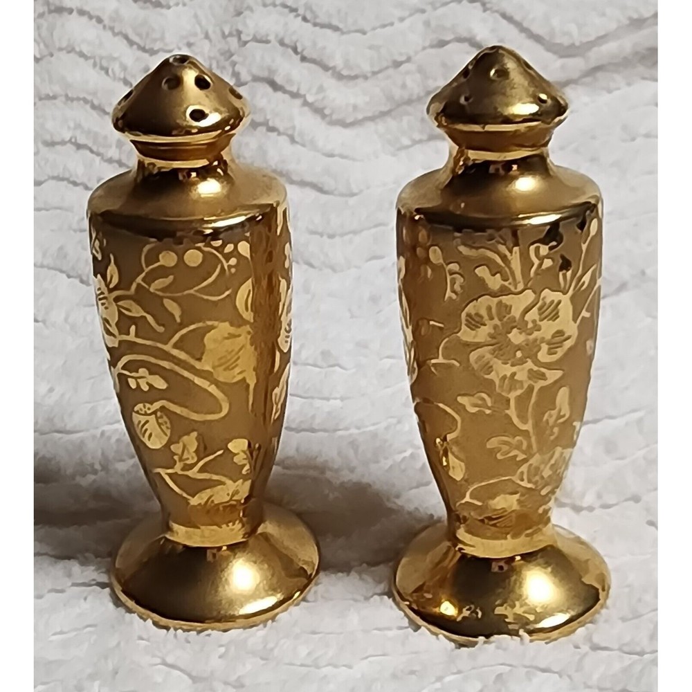 Vintage STOUFFER Etched Gold China SALT & PEPPER Shakers EuC